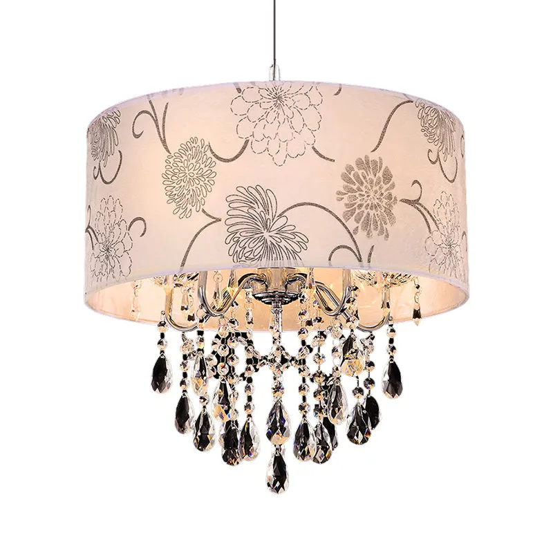Crystal Vintage 5-Light Pendant Chandelier with Flower Pattern and Chrome Printing Fabric Shade