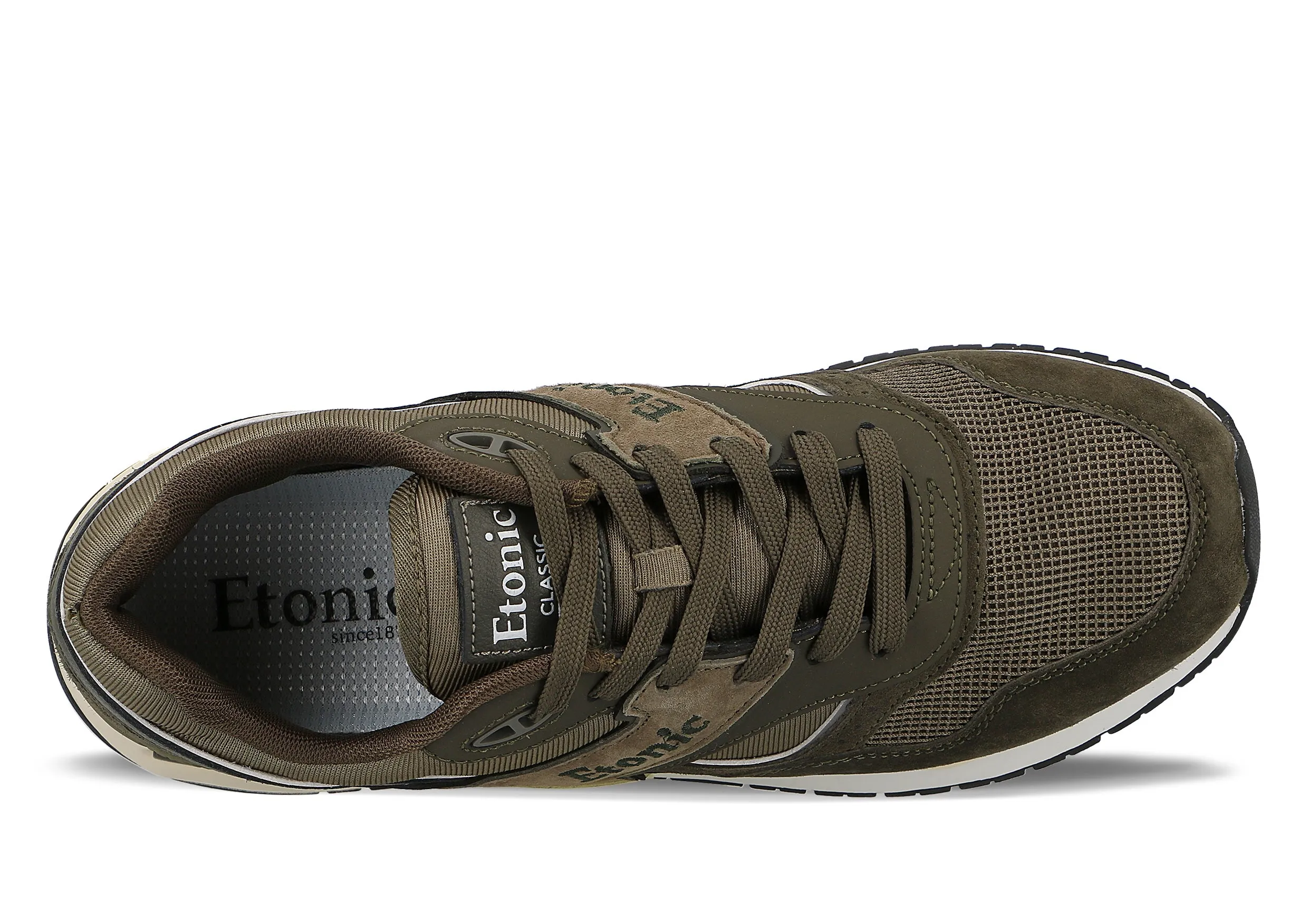 Etonic Stable Base sneakers in military green mesh fabric and military green suede with multi-layer tonal leather inserts.
