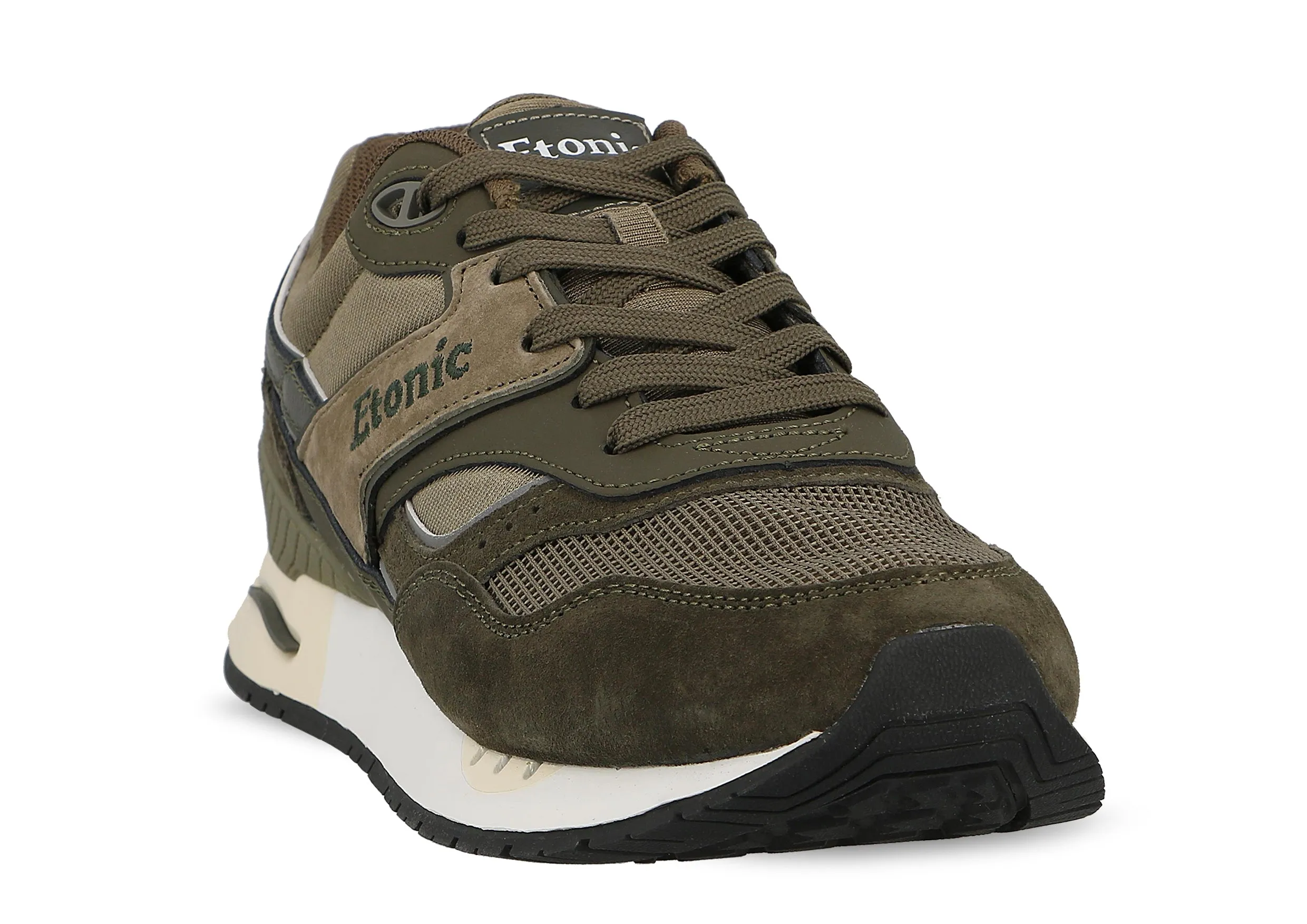 Etonic Stable Base sneakers in military green mesh fabric and military green suede with multi-layer tonal leather inserts.