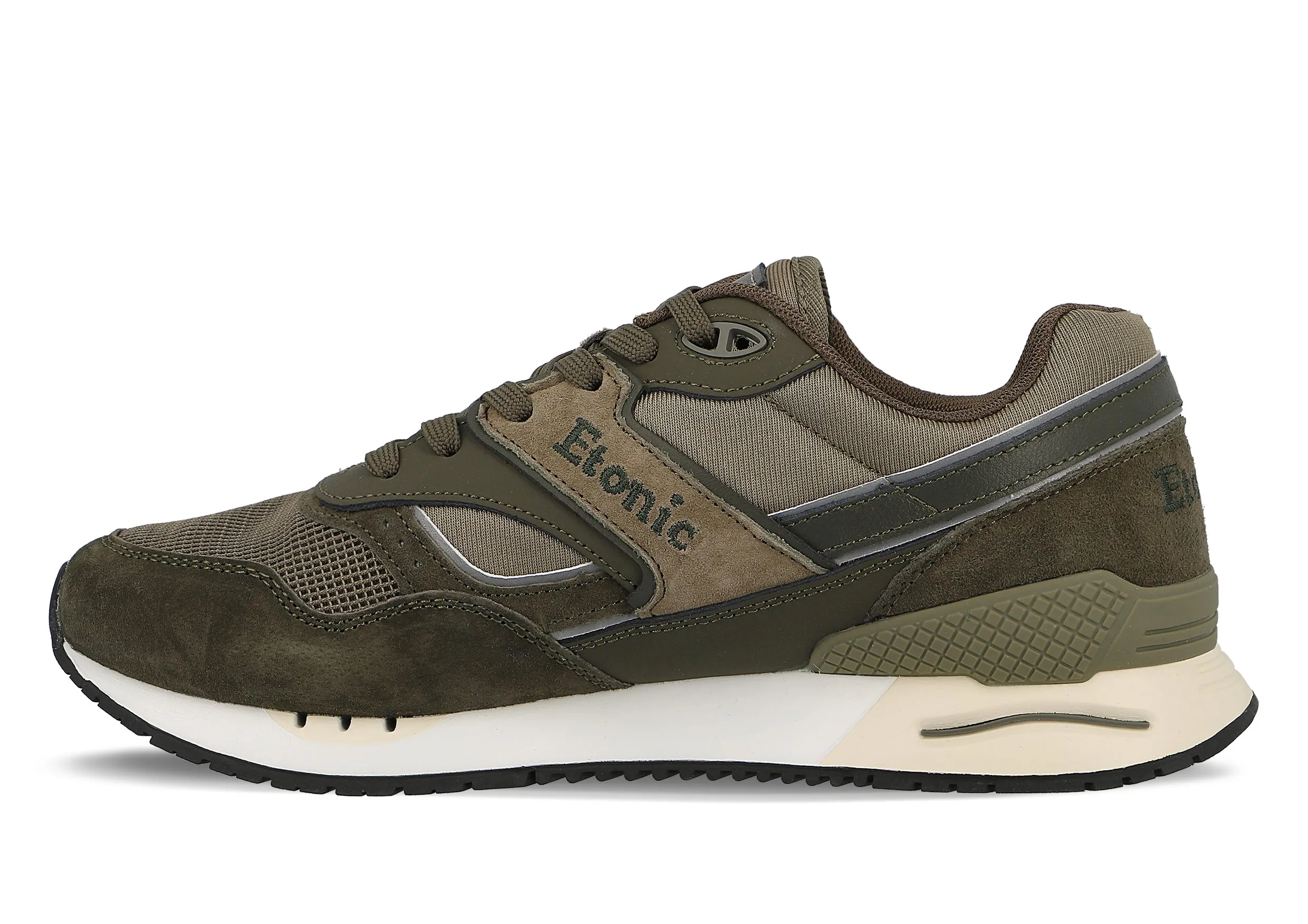 Etonic Stable Base sneakers in military green mesh fabric and military green suede with multi-layer tonal leather inserts.