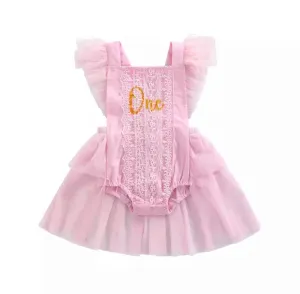 Girls First Birthday Lace One Romper - Pink