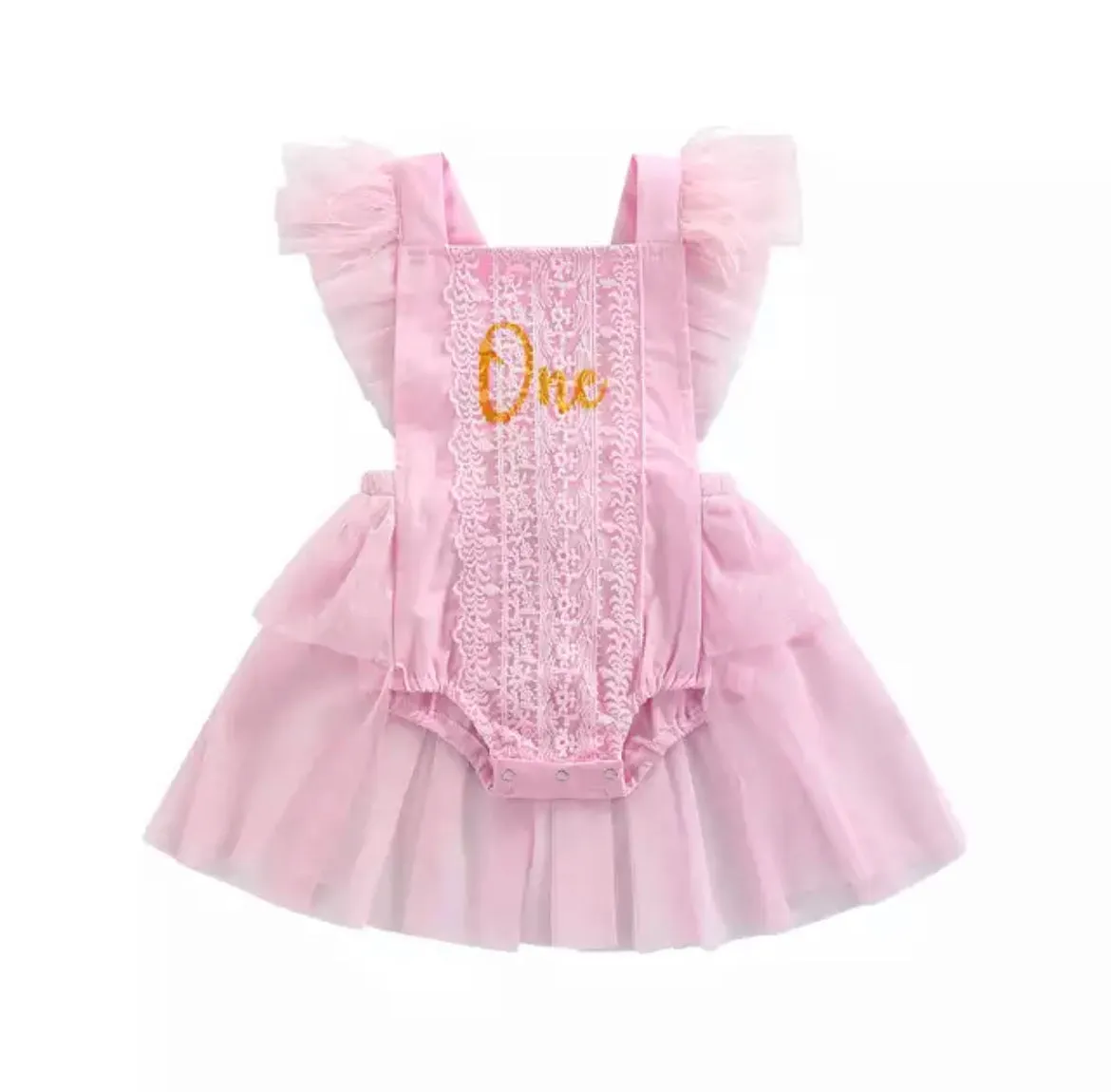 Girls First Birthday Lace One Romper - Pink