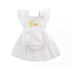 Girls First Birthday Lace One Romper - White