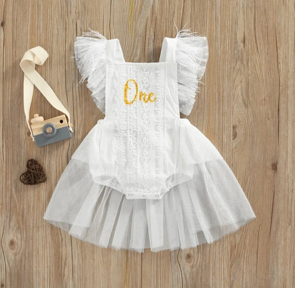 Girls First Birthday Lace One Romper - White