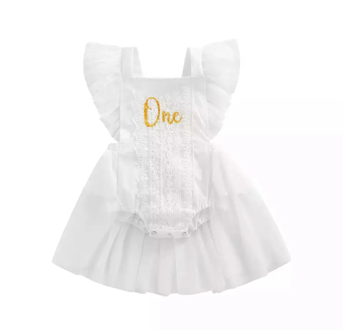 Girls First Birthday Lace One Romper - White