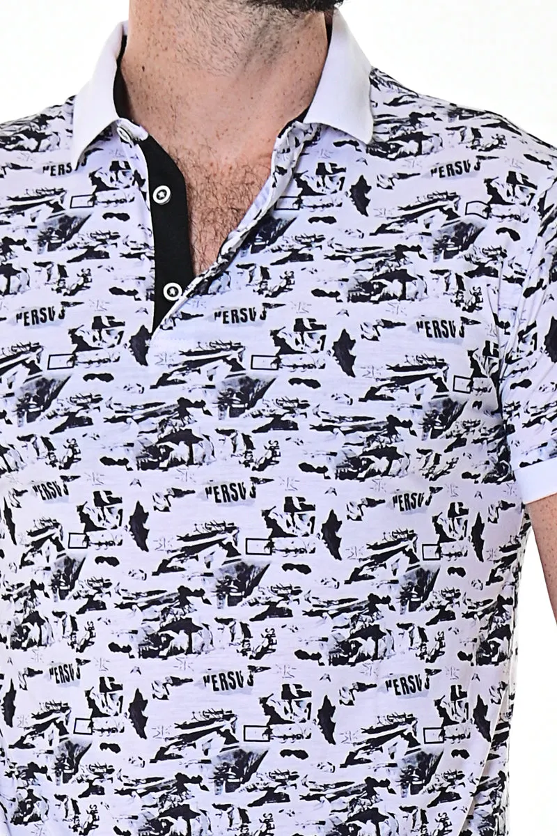 Men's Polo Shirt Short Sleeve Modern Pattern Golf White/Black - MKT1568