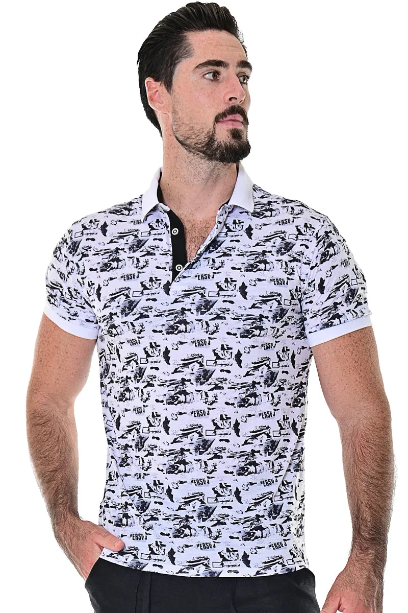 Men's Polo Shirt Short Sleeve Modern Pattern Golf White/Black - MKT1568