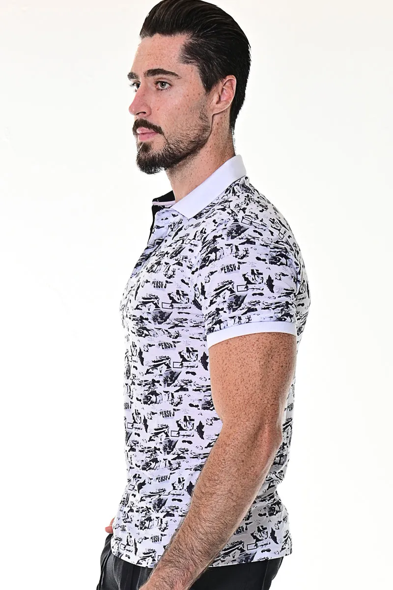 Men's Polo Shirt Short Sleeve Modern Pattern Golf White/Black - MKT1568